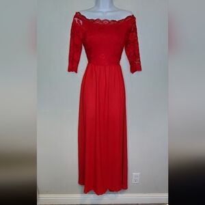Red Lace Off-Shoulder Long Gown Maxi Dress Size Small